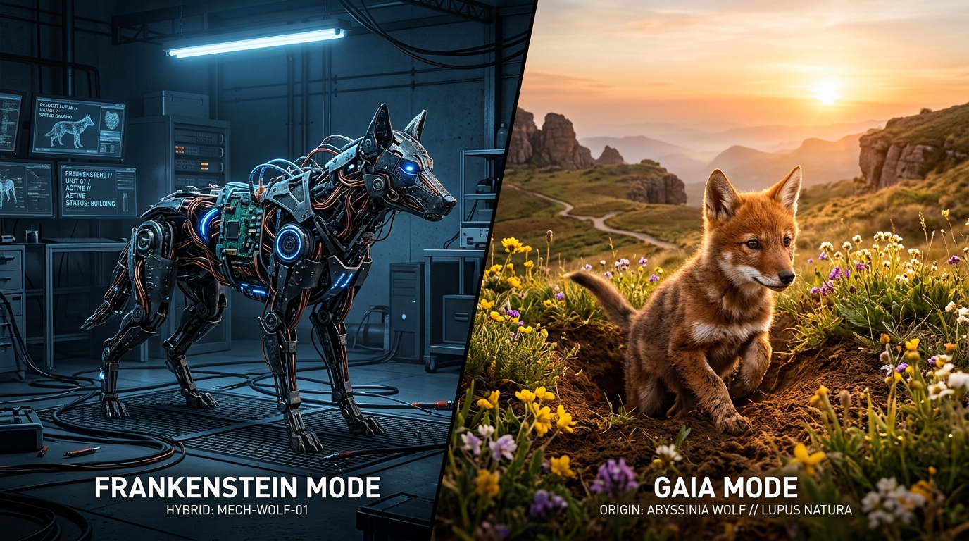 Split image: mechanical wolf assembled in a lab vs real Ethiopian wolf pup born on golden highlands