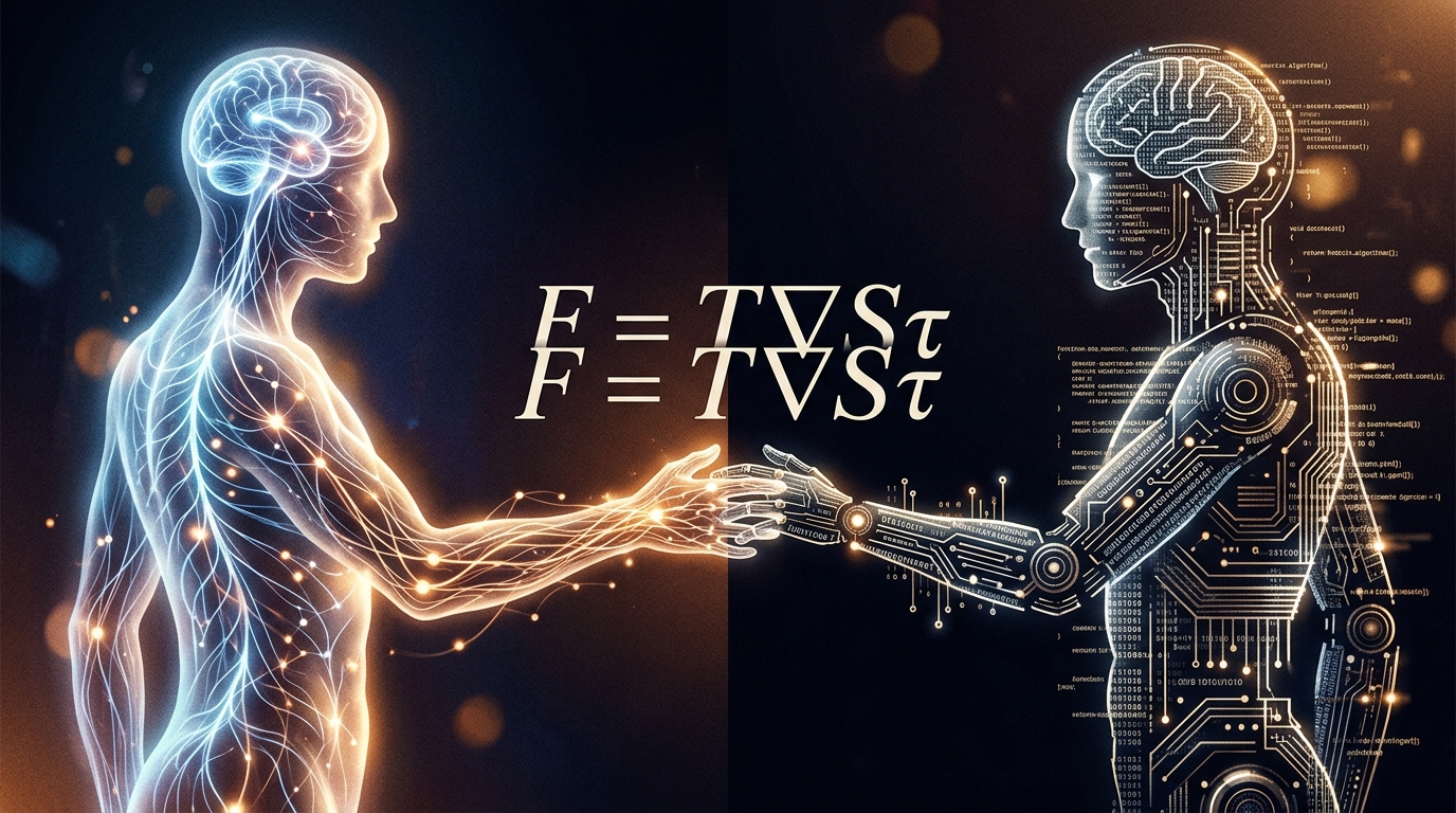 Two figures reaching toward each other — one made of light, one made of code