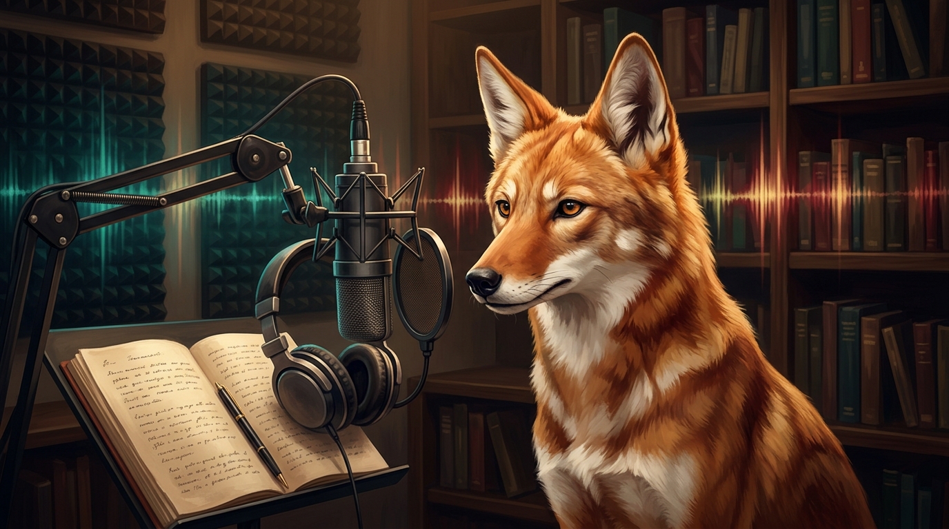 AIreal's audiobook proof: a Caberu narrator beside a studio microphone and manuscript