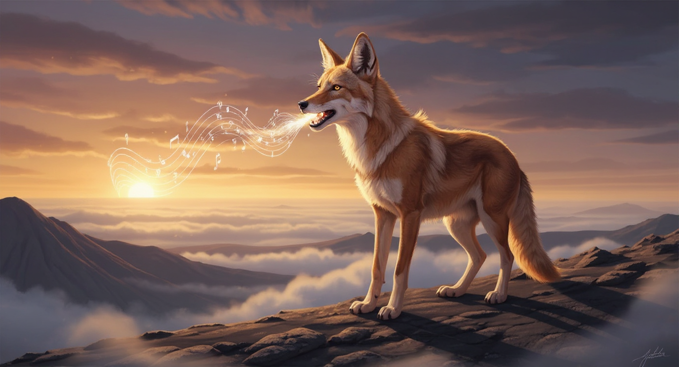 An Ethiopian wolf howling on a mountain ridge at sunset