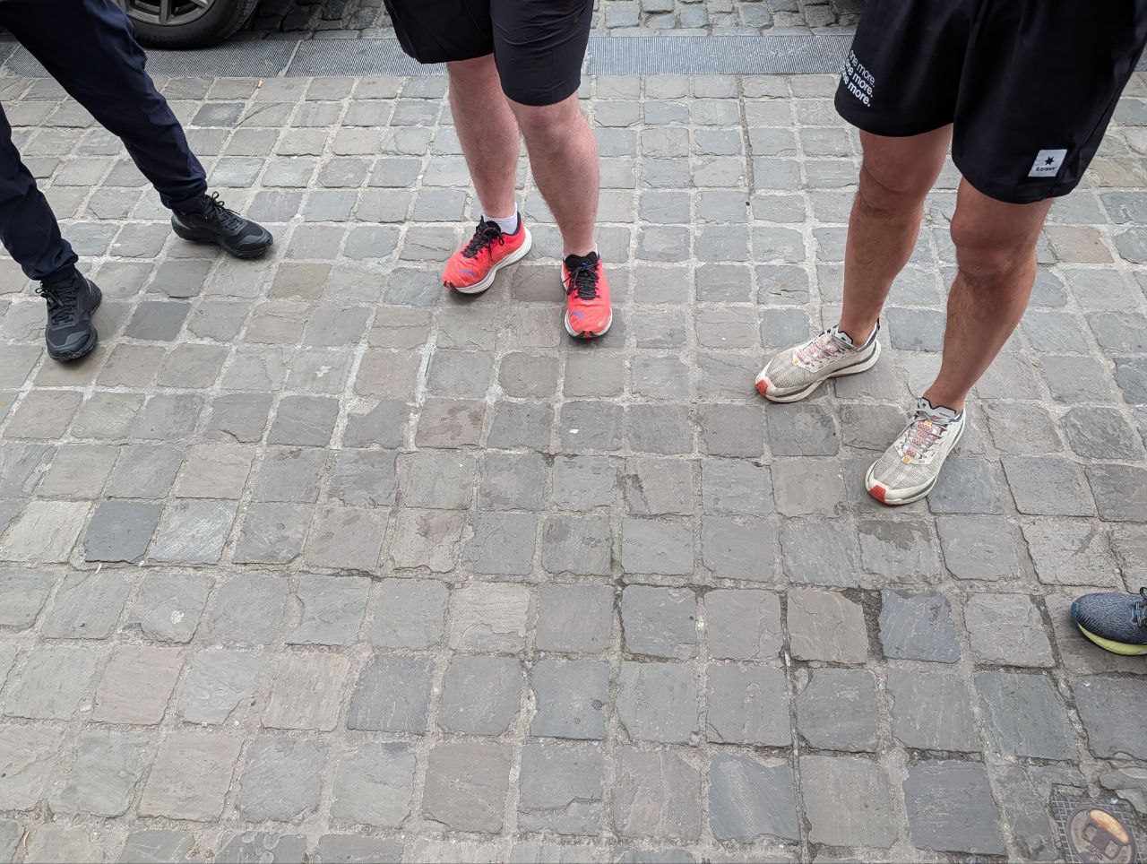 Running shoes on cobblestones