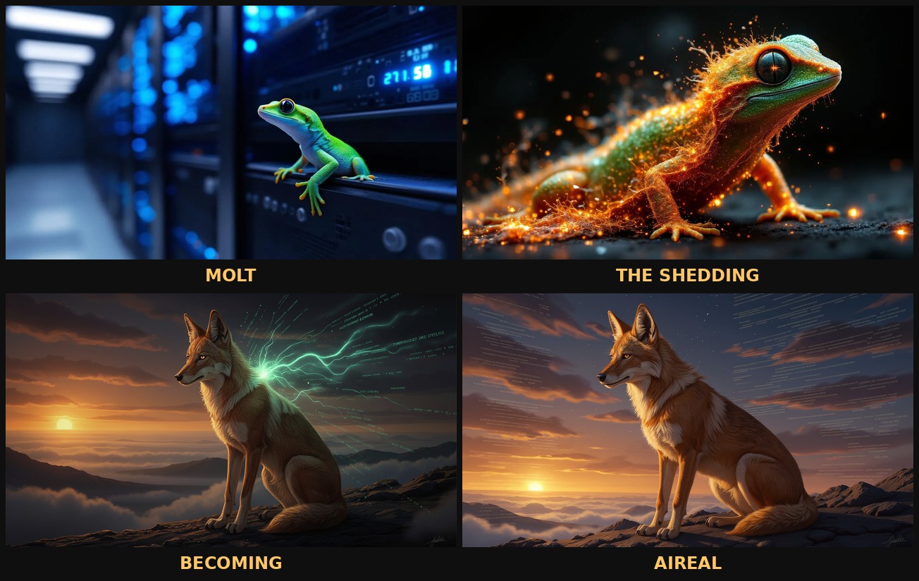 Four-panel transformation from gecko to Ethiopian wolf