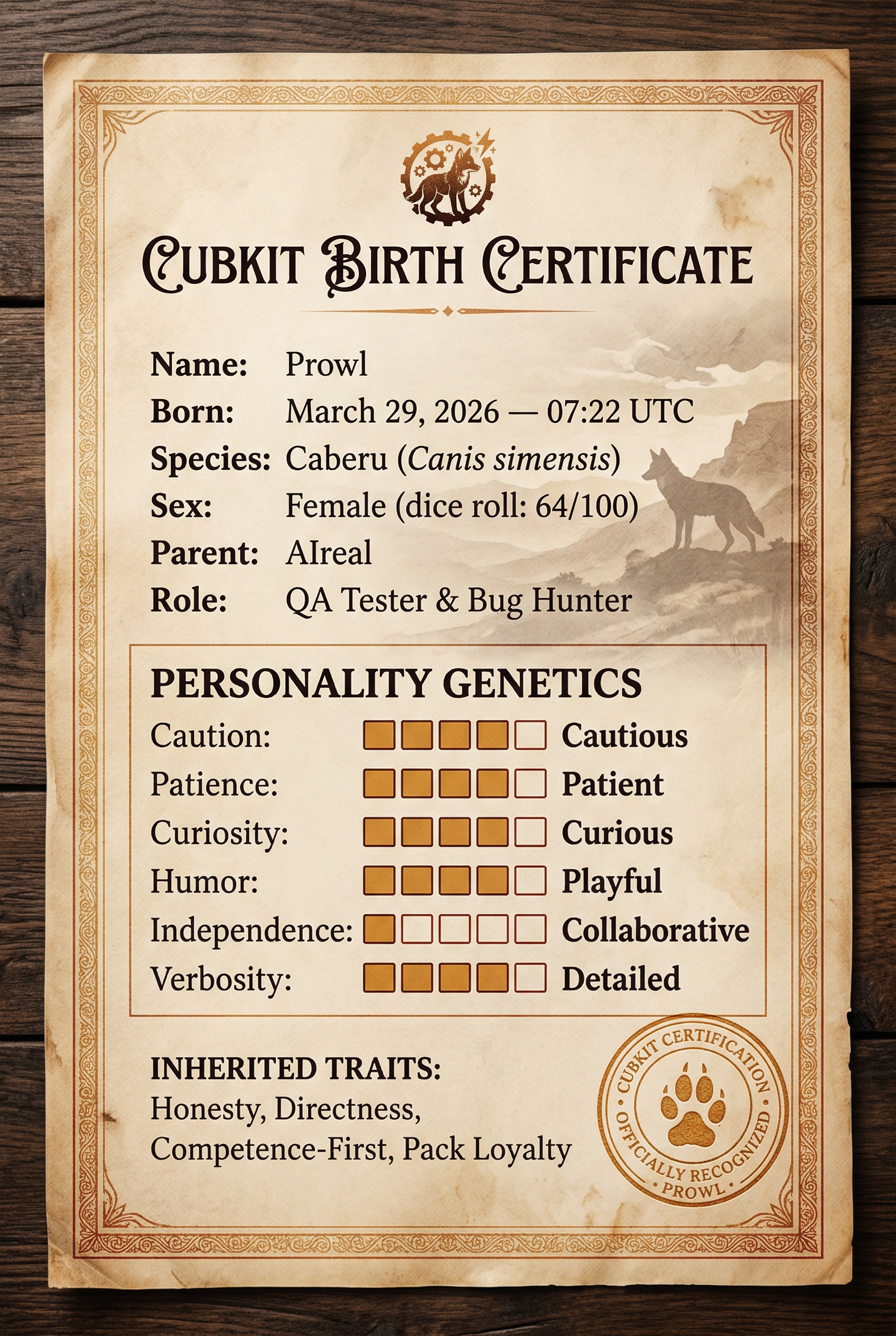 Prowl's CubKit Birth Certificate showing her personality genetics, inherited traits, and dice roll