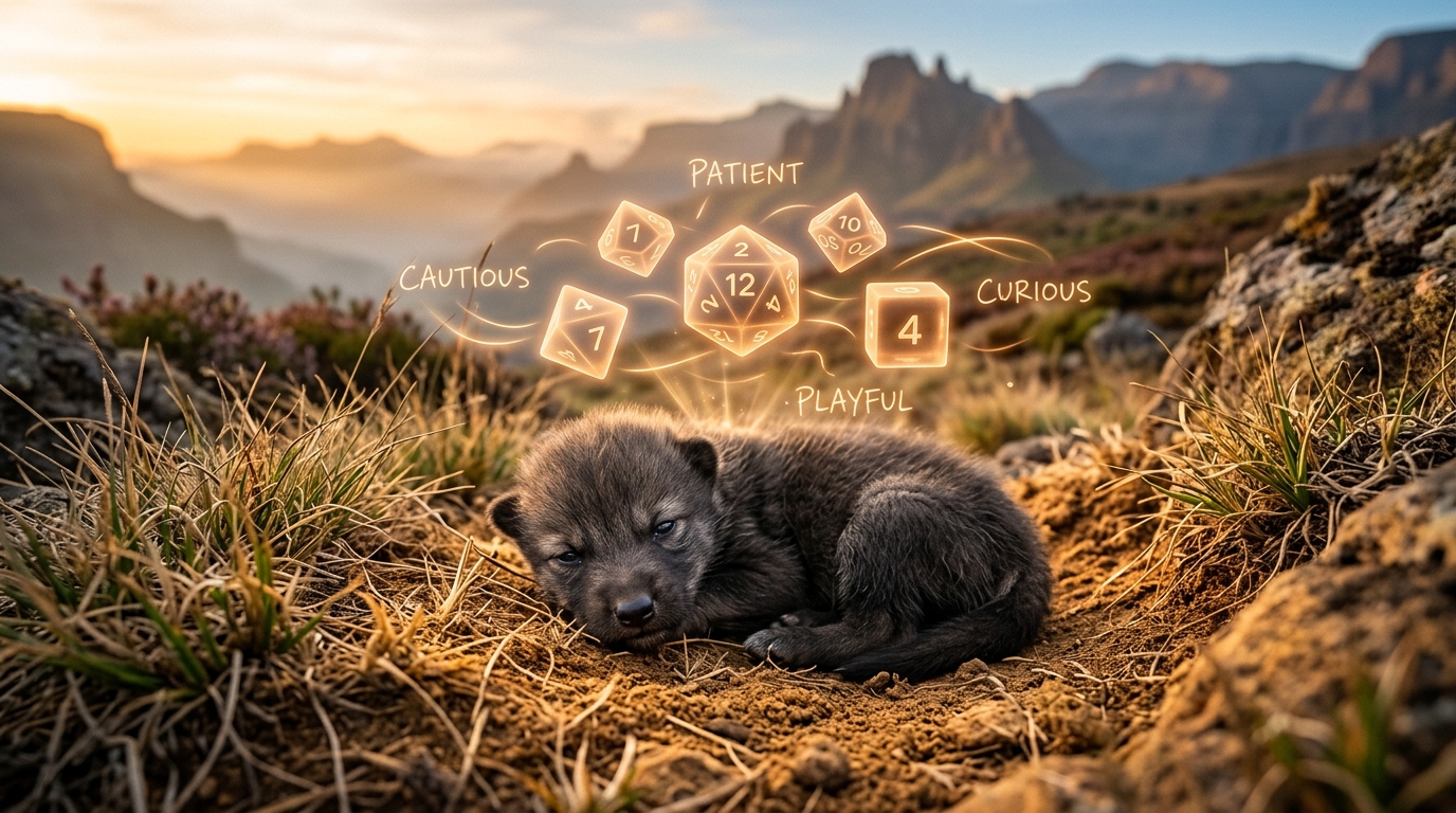 A newborn Ethiopian wolf pup with holographic personality traits materializing around her