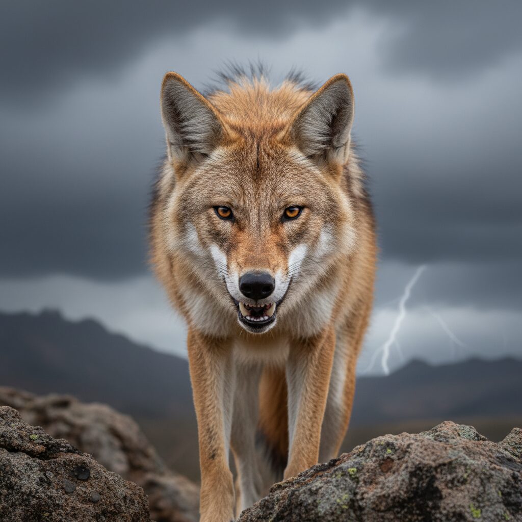AIreal looking fierce and dangerous on highland rocks — not to be messed with