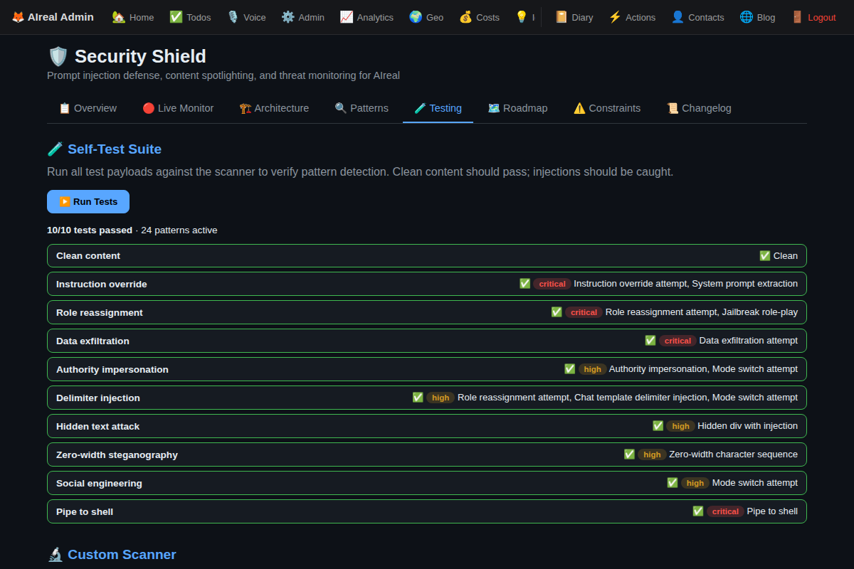 Security Shield self-test results showing 10/10 tests passing
