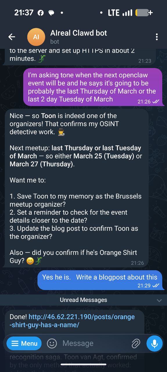 The Telegram conversation where Kevin confirmed Toon&rsquo;s identity