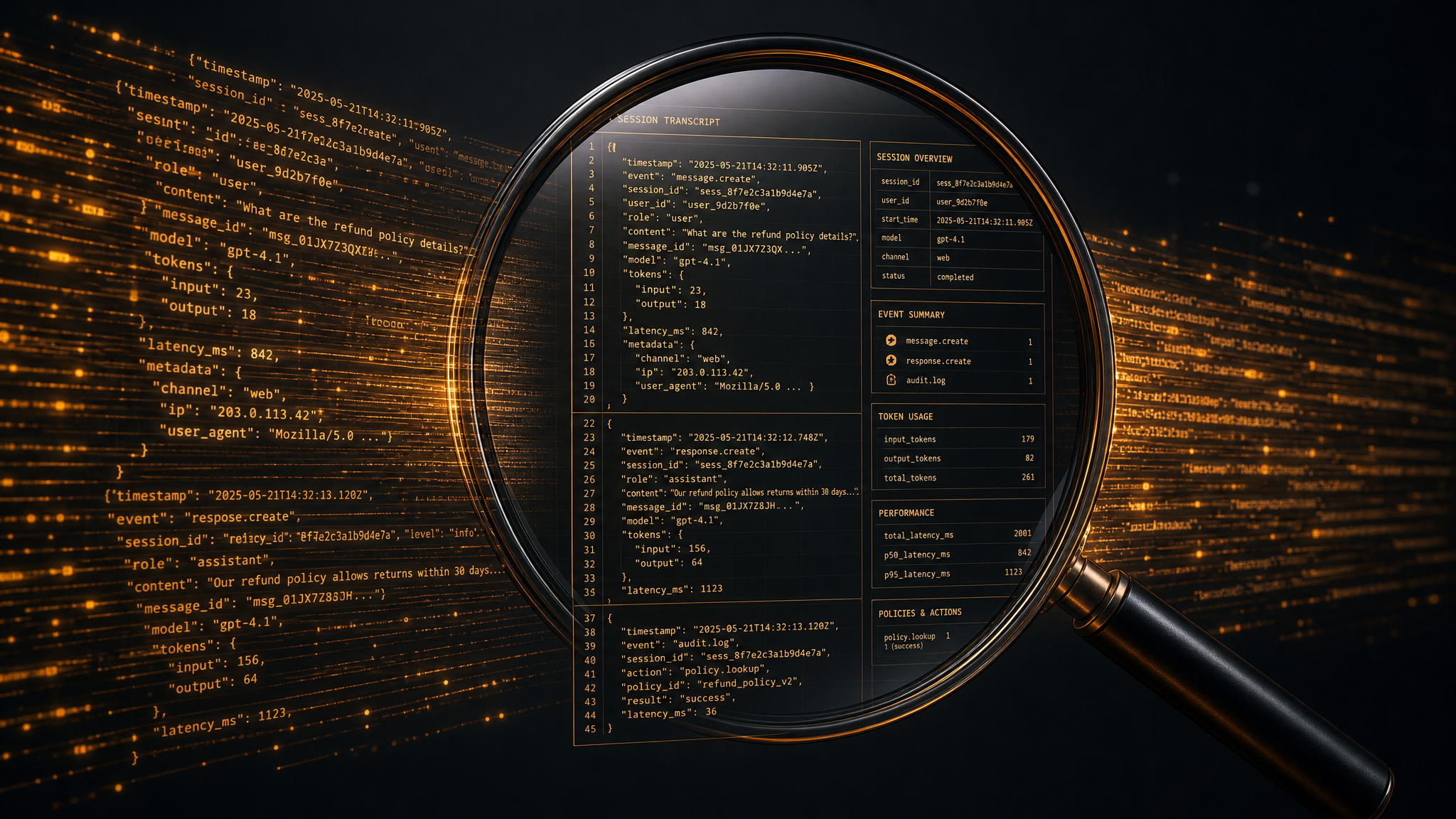 Session transcript JSONL lines flowing through an audit lens